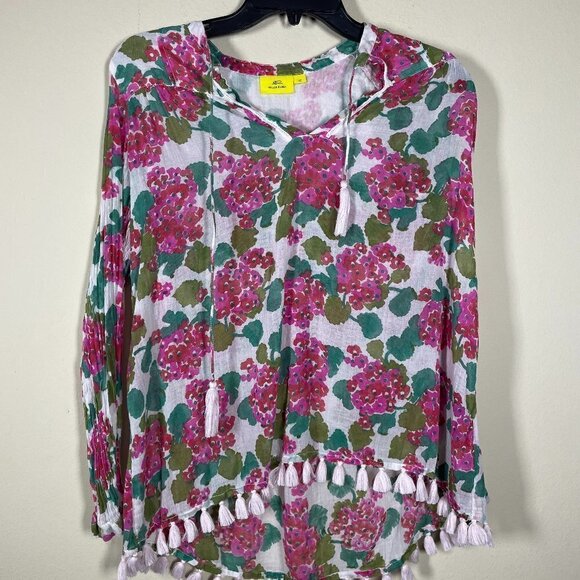 Roberta Roller Rabbit Women's LS White Pink Floral Tunic Sheer Top XS Tassels! - Picture 1 of 6